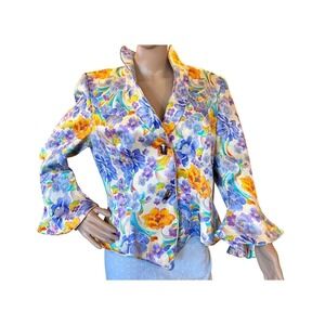 Manzoni Couture 100% Silk Floral Jacket Womens 14 Spain Bell Sleeve Designer